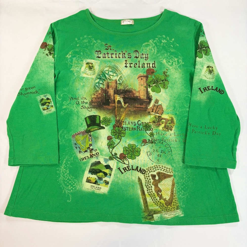 St Patricks Day Ireland Graphic Top Green 3/4 Sleeve Cotton USA Made L Shamrock